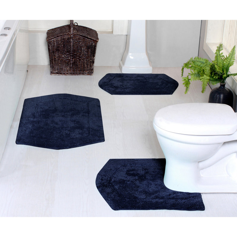 Morissette 100% Cotton Bath Rug, Non-Slip, Quicky Dry, Machine Washable, Absorbent - 3 Piece Set, Navy Blue