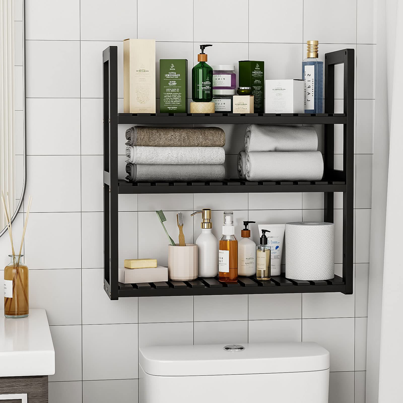 Bamworld Étagère de salle de bain en bambou réglable à 3 niveaux pour rangement au-dessus des toilettes, organisateur de salle de bain à fixation murale pour gain d'espace, utilisable dans le salon Bamworld Étagère de salle de bain en bambou réglable à 3 niveaux pour rangement au-dessus des toilettes, organisateur de salle de bain à fixation murale pour gain d'espace, utilisable dans le salon