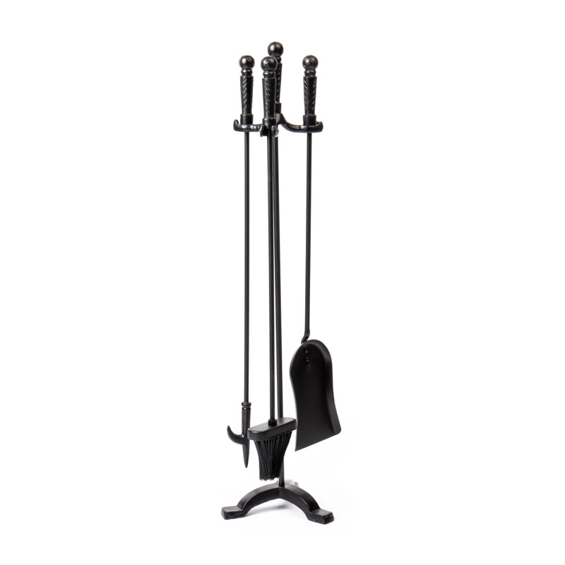 Black Wrought Iron and Steel Fireplace Tool Set with Stand