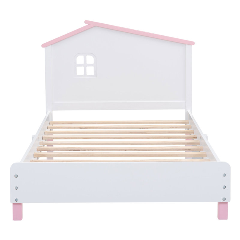 Lit plateforme en bois avec tête de lit en forme de maison, Simple, Blanc / Rose