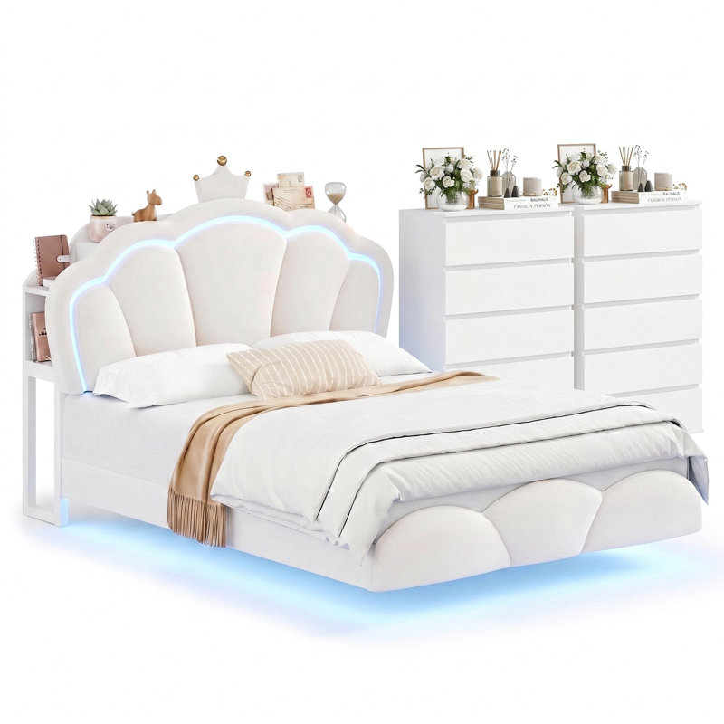 Ensemble de chambre à coucher 3 pièces avec lit de rangement flottant et 2 commodes à 5 tiroirs, Blanc, Grand lit