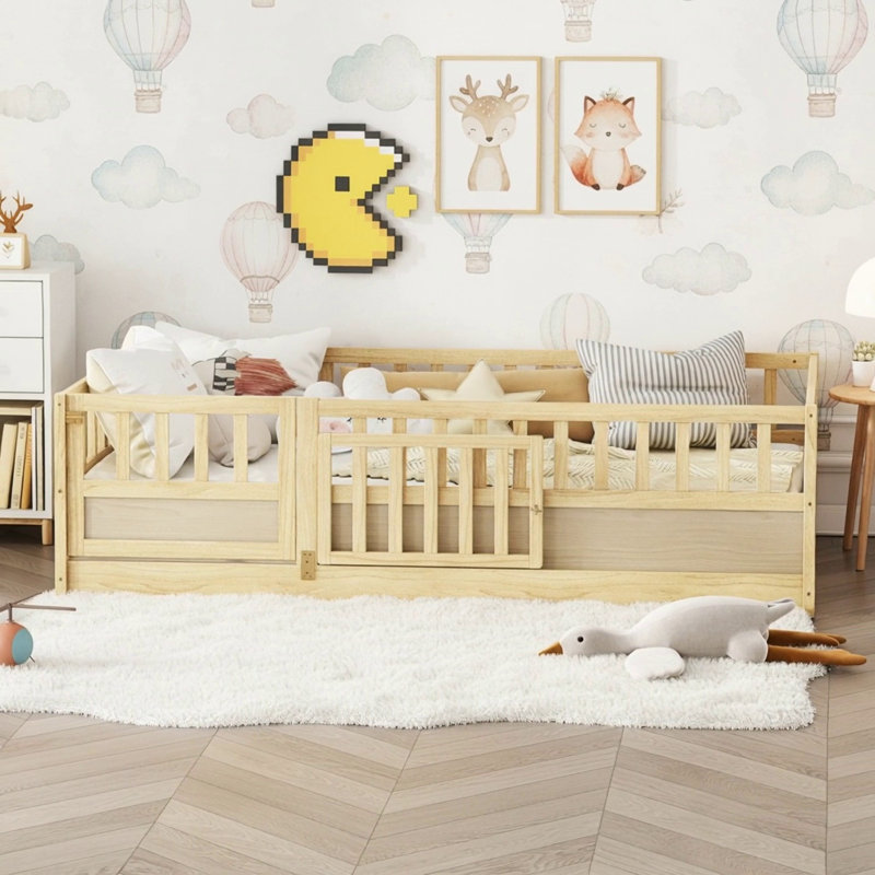 Twin Size Montessori Wooden Floor Bed With High Security Barrier And Natural Wood Slats, Ideal For Children's Safety And Comfort