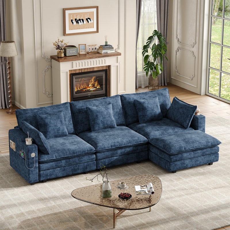 Canapé modulaire en chenille avec bras de rangement et port USB, aucun assemblage requis, Chenille bleue marine