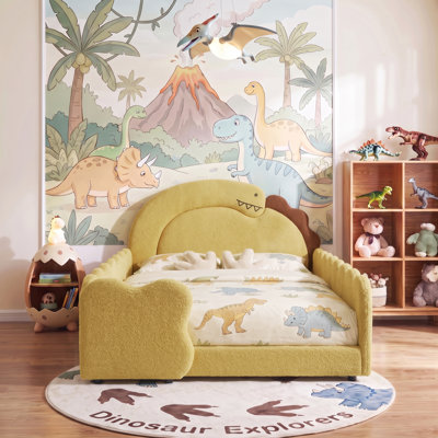 Boucle Upholstered Dinosaur-Shaped Kids Bed With Safety Guardrails And Solid Wood Slat Support