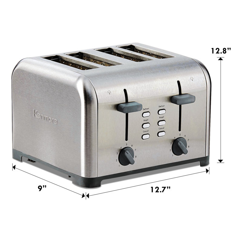 Grille-pain 4 tranches en acier inoxydable Kenmore avec deux commandes, fentes très larges et bagel, Acier Inoxydable