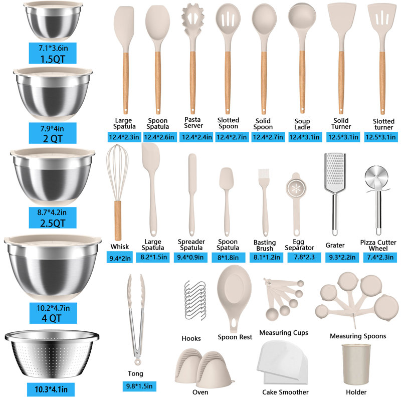 23 pieces of silicone cookware set, kitchen set, non-stick heat-resistant cookware-BPA-free, 4 Stainless Steel Bowls& Colander