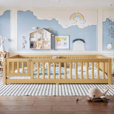 Lit double pleine grandeur avec barrières de sécurité et porte, cadre de lit pour enfants, lit Montessori, naturel