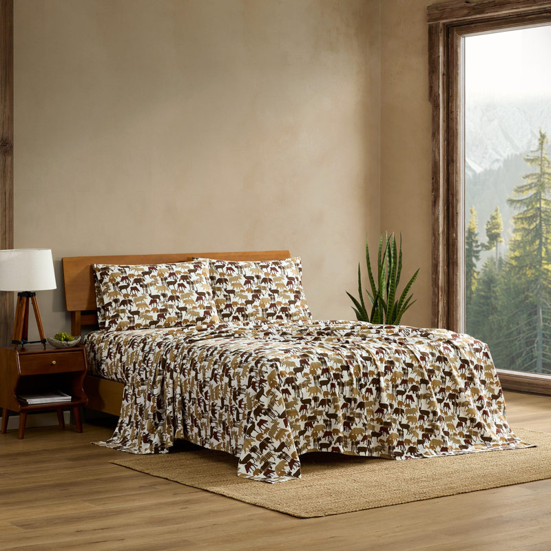 Ensemble de draps 100% coton 200 fils, Ensemble de draps pour grand lit avec 2 taies d'or, Animal Plaids Brown