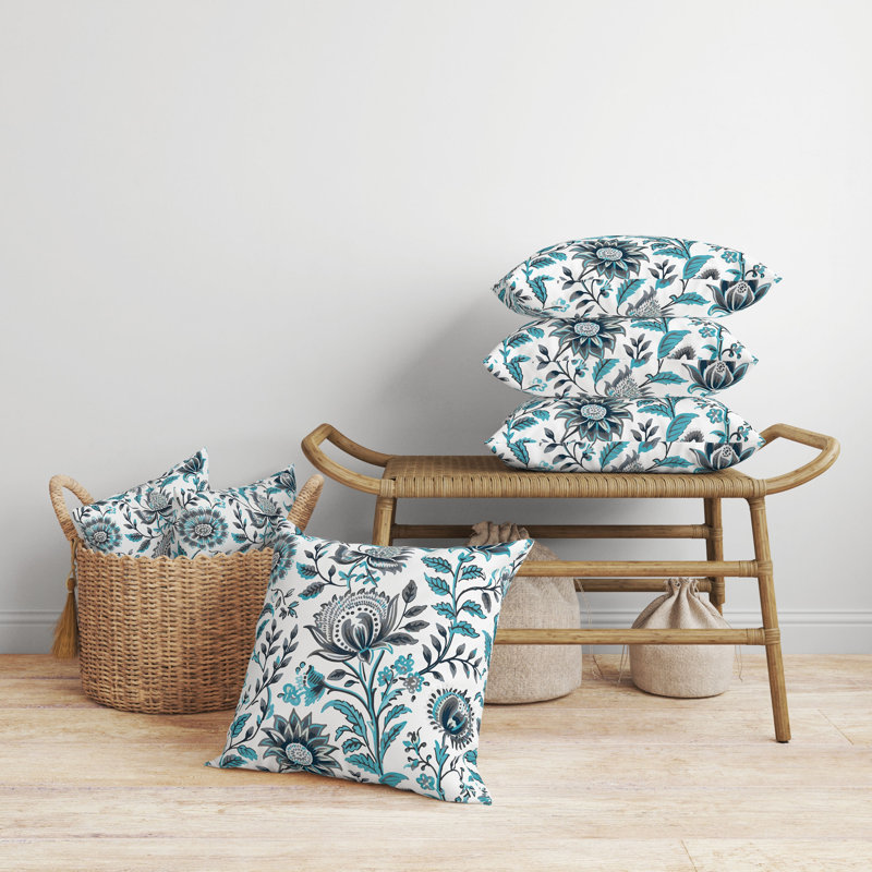 Coussin Sanganeri, H 26 po x l 26 po, Turquoise / gris floral