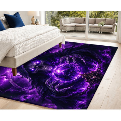 Tapis gothique Grim Reaper, fond mauve foncé avec motif de tête de mort Grim Reaper, artistique dramatique, lavable à la machine, envers antidérapant, élégant tapis d'intérieur pour le salon, la chambre à coucher, un appartement