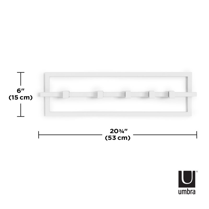 White Steel Wall-Mounted Hook Rail with 5 Adjustable Hooks