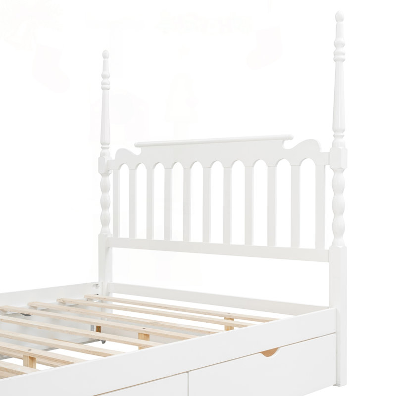 Grand lit plateforme avec lit gigogne simple TG, tiroirs de rangement et tête de lit à broche, White