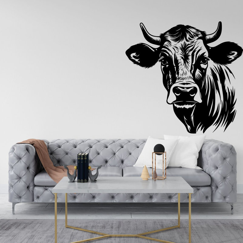 Adhésif décoratif jolie vache, tête de vache, art mural, Noir, H 18 po x l 26 po