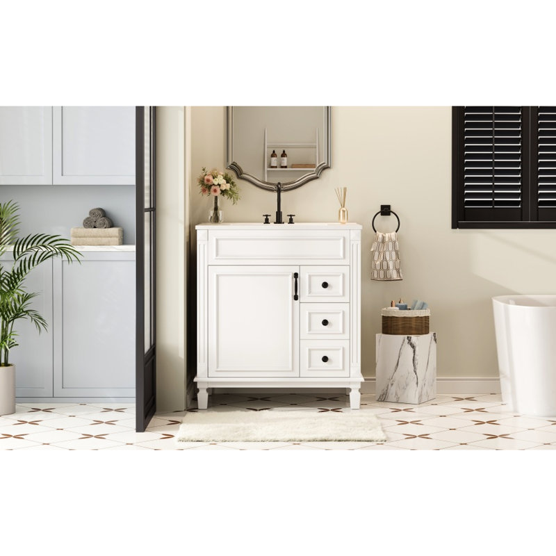 Meuble-lavabo de 30 pouces avec lavabo en céramique, 2 tiroirs et tablette réglable - Rails coulissants lisses, Blanc