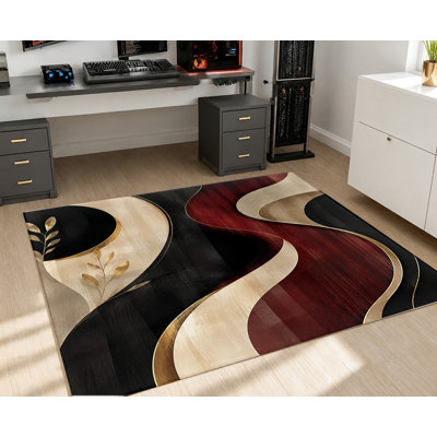 Tapis moderne à vagues abstraites, motif floral rouge, noir et beige, design artistique, antidérapant, décoration intérieure élégante pour salon, chambre, entrée, cuisine, balcon, appartement