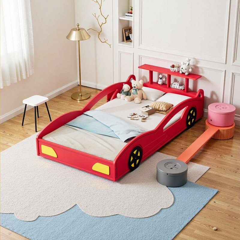 Lit de voiture de course en bois rouge et jaune - Taille simple avec rails de rangement et de sécurité pour les adolescents