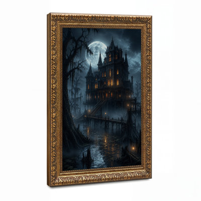 Spooky Haunted Mansion Under Full Moon in Foggy Halloween Canvas Wall Art