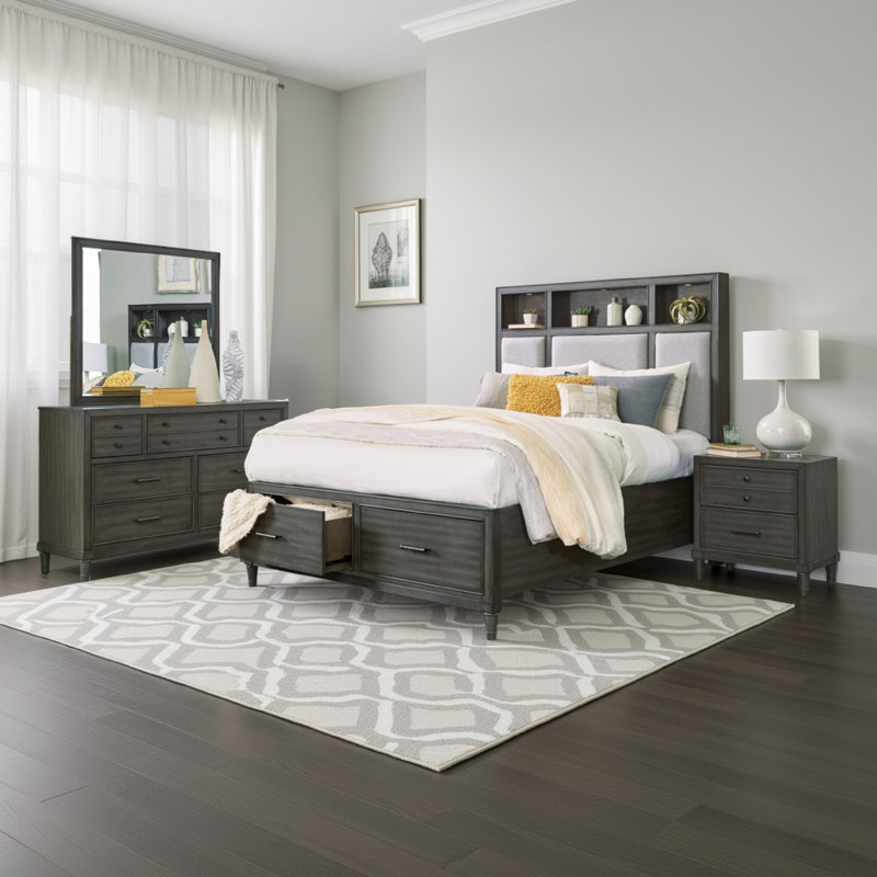 Celia 4 Pc Queen Size Storage Bedroom Set, LED-Lit, USB Ports, Warm Grey