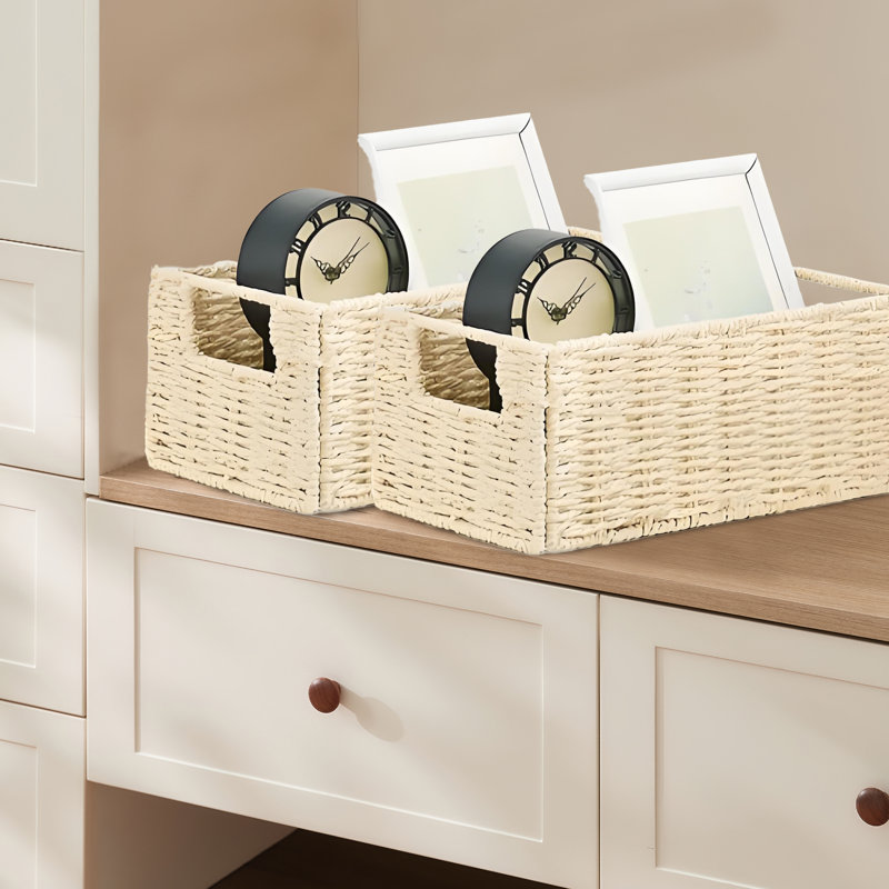 Ensemble de 4 paniers de rangement écologiques en corde de papier tissé - Organisateurs rectangulaires pliables noirs avec poignées - Rangement ouvert peu encombrant pour la maison, les tablettes, la salle de bain et le salon