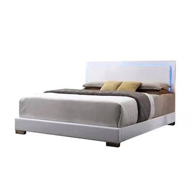 Lit grand format à DEL, fabrication en similicuir blanc, pieds en bois finis, panneau arrière ultrabrillant sur la tête de lit, rails rembourrés et profil bas Fb, 3 lattes avec poids de 660 lb, lit de 89 lb