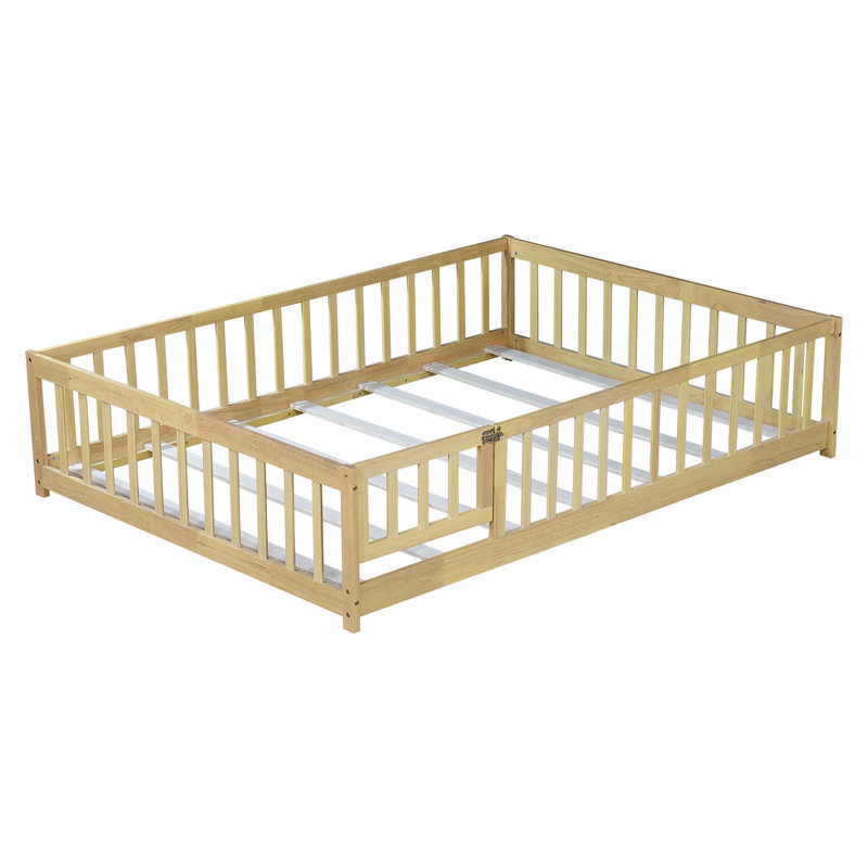 Full Size Floor Bed With Fence And Door,Rubber Wood Floor Bed W/Safety Guardrails/Near The Ground,Easy To Assemble & No Box Spring Needed,Natural