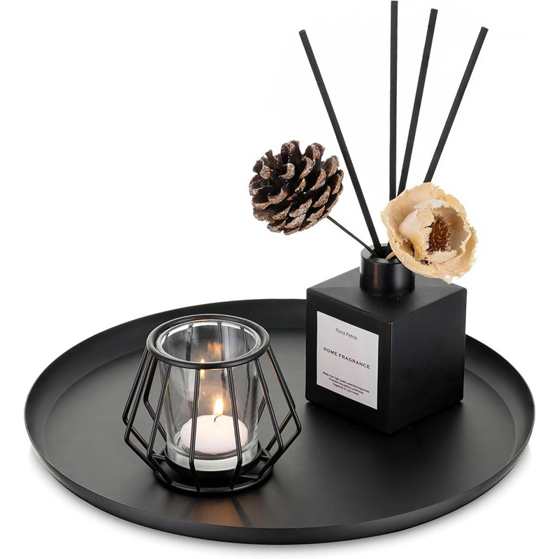 Plateau décoratif rond en métal, plateau de service et bougie moderne pour table basse, cuisine et décoration intérieure