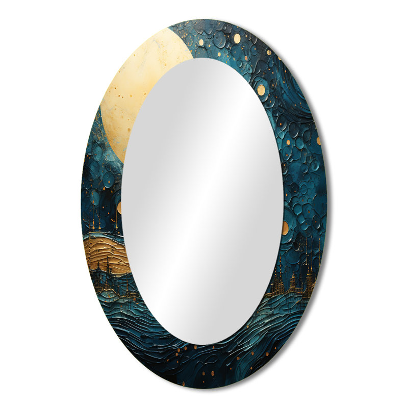 Miroir mural moderne ovale bleu lune et or Cerulean Cycle Dreams V, H 36 po x l 24 po