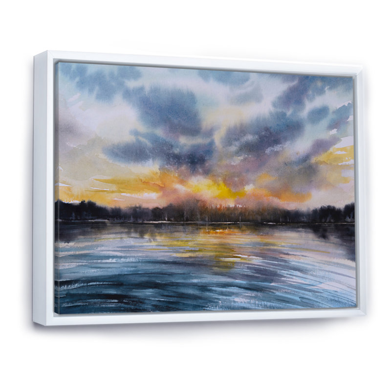 Coucher de soleil sur le lac I - décor mural toile, H 16 po x l 32 po, Cadre flottant blanc