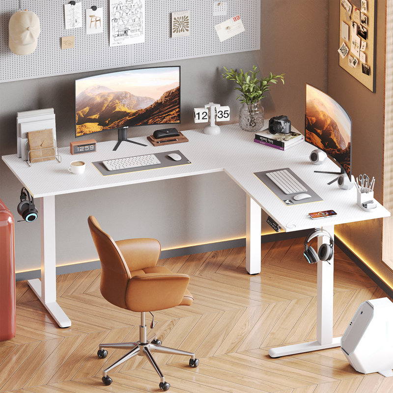 Monike 63" L Shaped Gaming Desk with Power Outlet, Height Adjustable Standing Desk, White