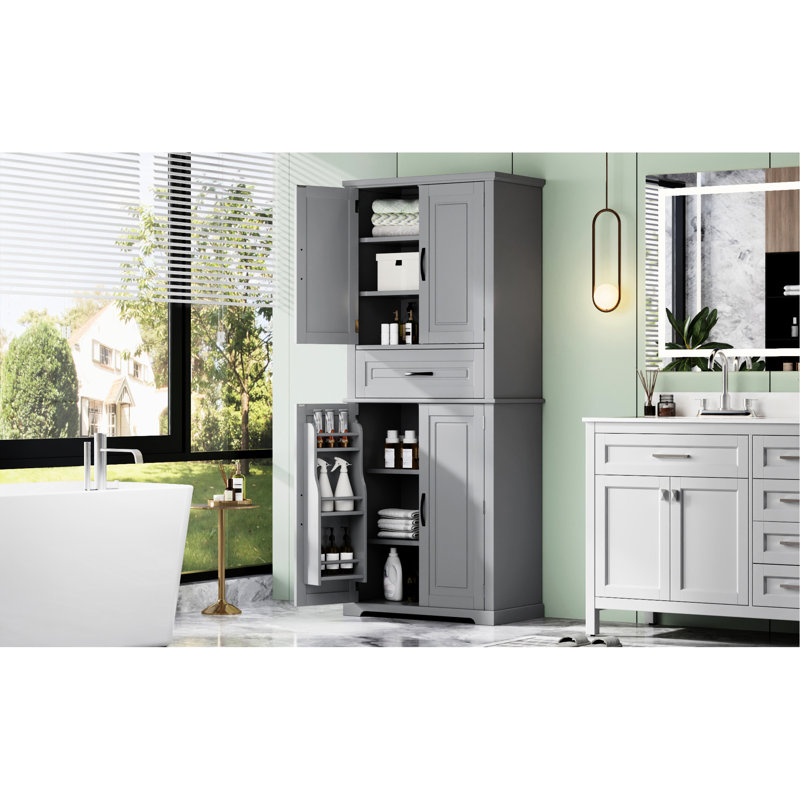 Grey Bathroom Cabinet With Multi Sections, Adjustable Shelf & Metal Handle Design Areas,, Gray