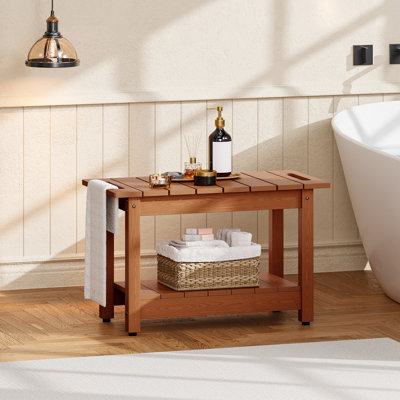 24" Waterproof HIPS Shower Bench, All-Weather Shower Stool, 400 lbs Weight Capacity, Non-Slip Feet, Teak