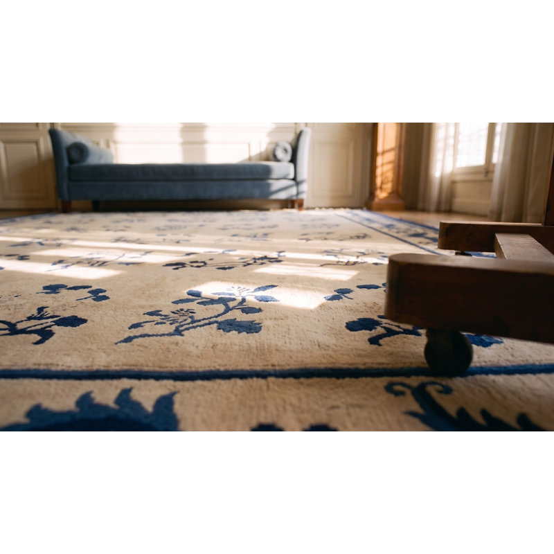 Ivory and Blue Antique Floral Chinese Room Size Peking Rug