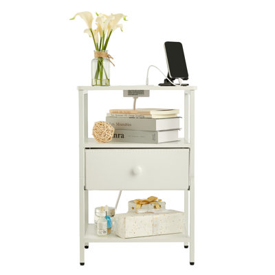 Bedside table with Charging Station - 3-Tier Open Storage, Fabric Drawer, Sturdy Metal Frame, Modern Bedside Table for Bedroom & Living Room - White