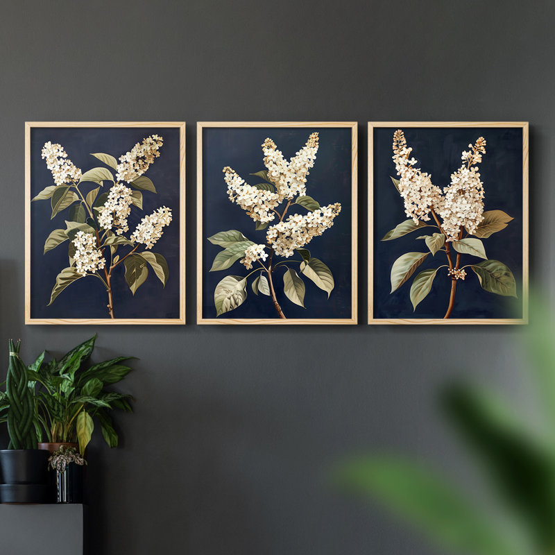 Étude florale série II - Ensemble de 3 estampes numériques encadrées - Prêt à être accroché, Encadré naturel