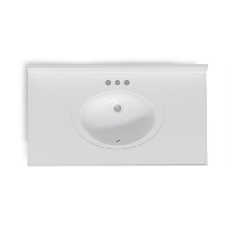 Plateau de meuble-lavabo simple blanc mat 37 po avec lavabo ovale intégré, dosseret, dosseret et trous de robinet central de 4 po