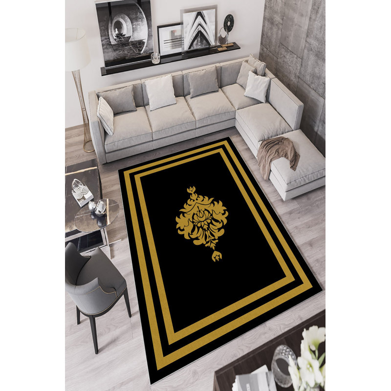 Premium Black Area Rug (5.9 x 9.2 ft), 100% Polyester, 650 g/m² | 4 mm Pile Height, Antibacterial, Eco-Friendly, Non-Slip PVC Dot Backing | Machine Washable, Digital Print Design | Ideal for Living Room & Bedroom Decor