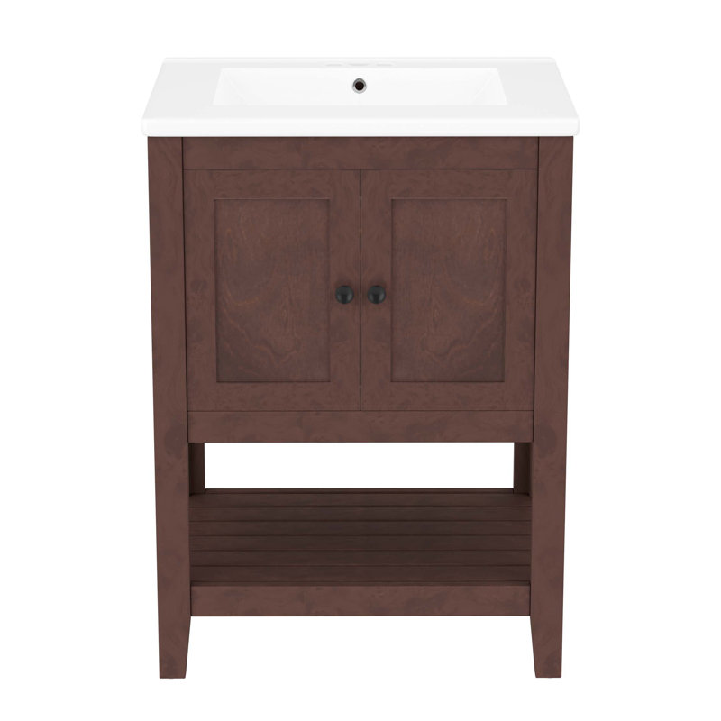 Lavabo de salle de bain moderne élégant en céramique 24 po avec tablette ouverte en bois massif, Noir, Brun
