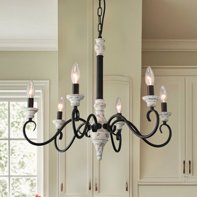 Lustre 6 lumières style campagne française noir mat avec finition imitation bois