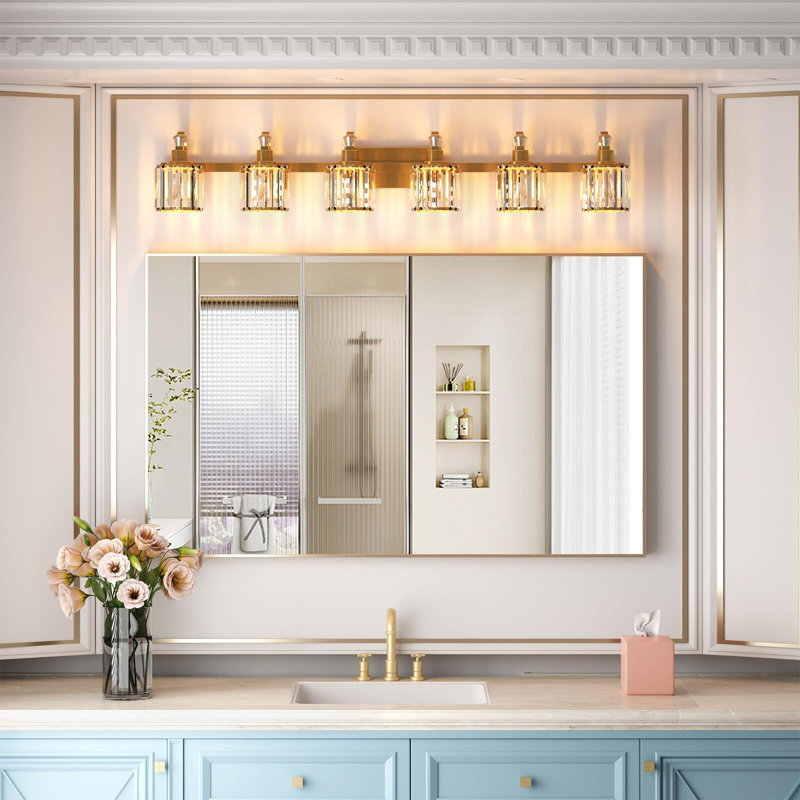 Éclairage pour meuble-lavabo en cristal 6 lumières, Doré