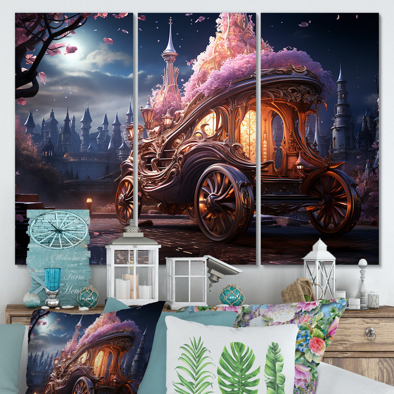 Carrosse de princesse enchantée I - Ancienne charrette américaine, fresque murale, H 28 po x l 36 po, Toile tendue