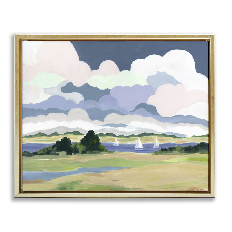 "Billowing Clouds Countryside Gray", art mural sur toile flottante par Jennifer Brinley, Cadre flottant métallique doré