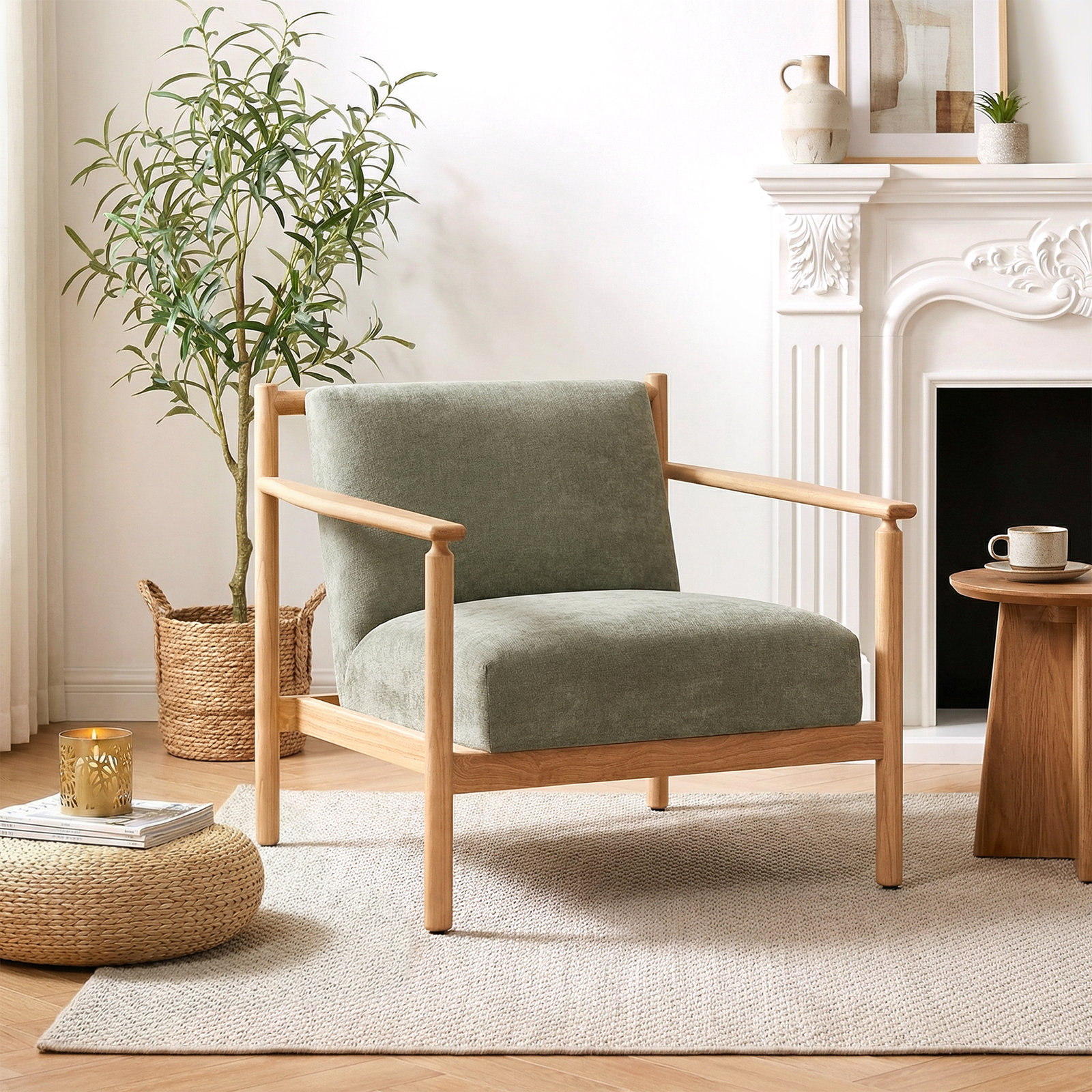 Josephine Solid Wood Upholstered Armchair, Sage Performance Weave