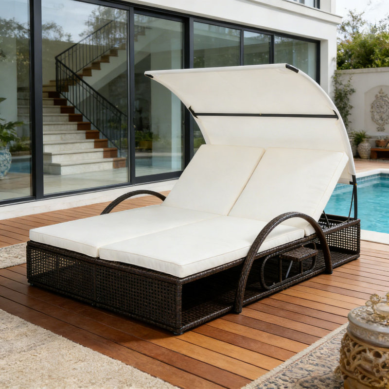 Outdoor Steel Frame Sun Lounger with Adjustable Backrest,Patio Double Sunbed with Hidden Side Table and Arched Armrests