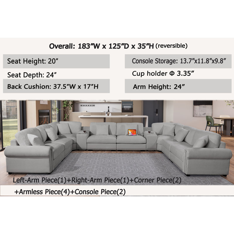 Errett Upholstered 13-piece Cloud Extra Large Corner Couch with Two Consoles, Cup Holder&Storage&USB, Light Gray Polyester