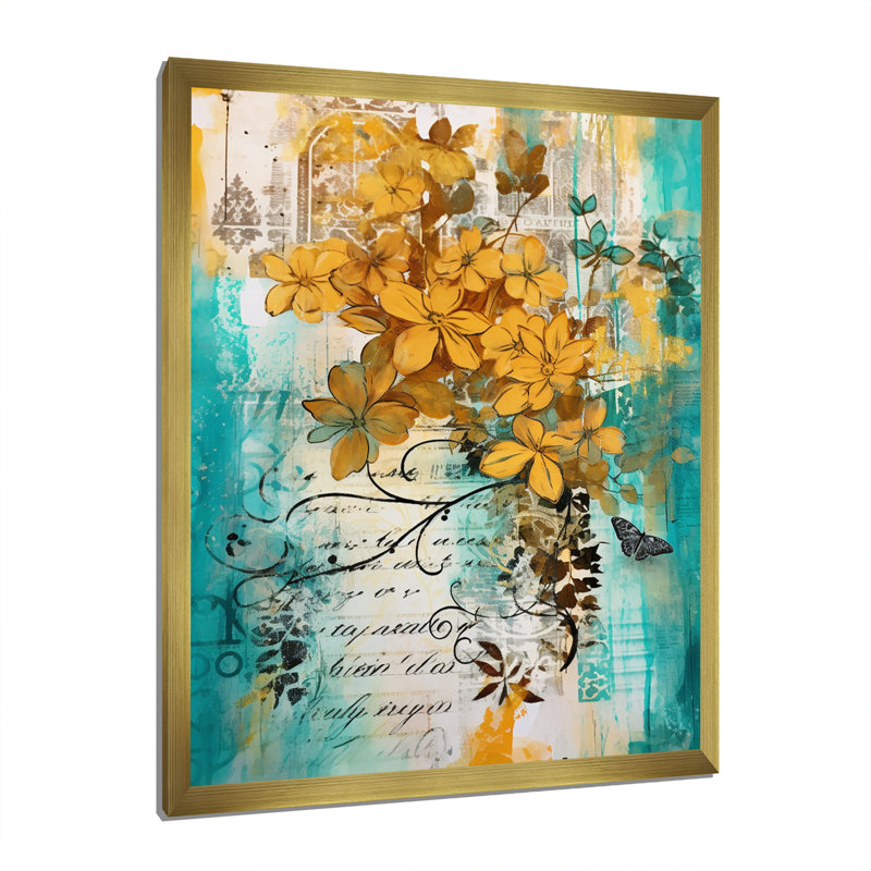 Fleurs jaunes sur turquoise, Cadre photo doré simple, H 20 po x l 12 po x P 1 po