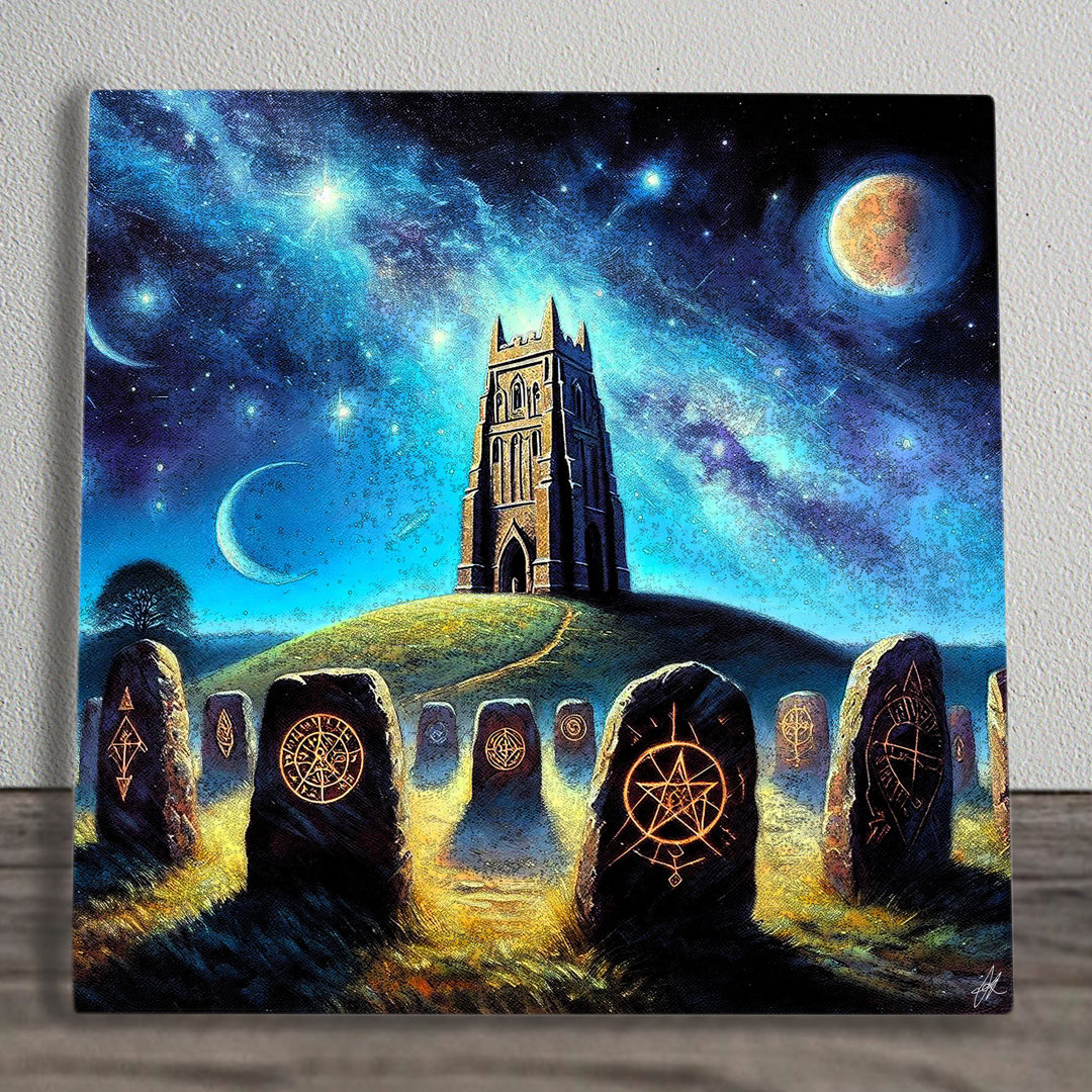 Glastonbury Tor At Rune Spirituelles Kunstwerk auf Keramik Wandkunst Bildfliese