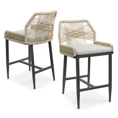 Outdoor Bar Stool with Armrests, Soft Cushion, Aluminum Frame, PVC-coated polyester Braided Rope, Comfortable and Durable, Suitable for Home, Bar, Res by FHVIT