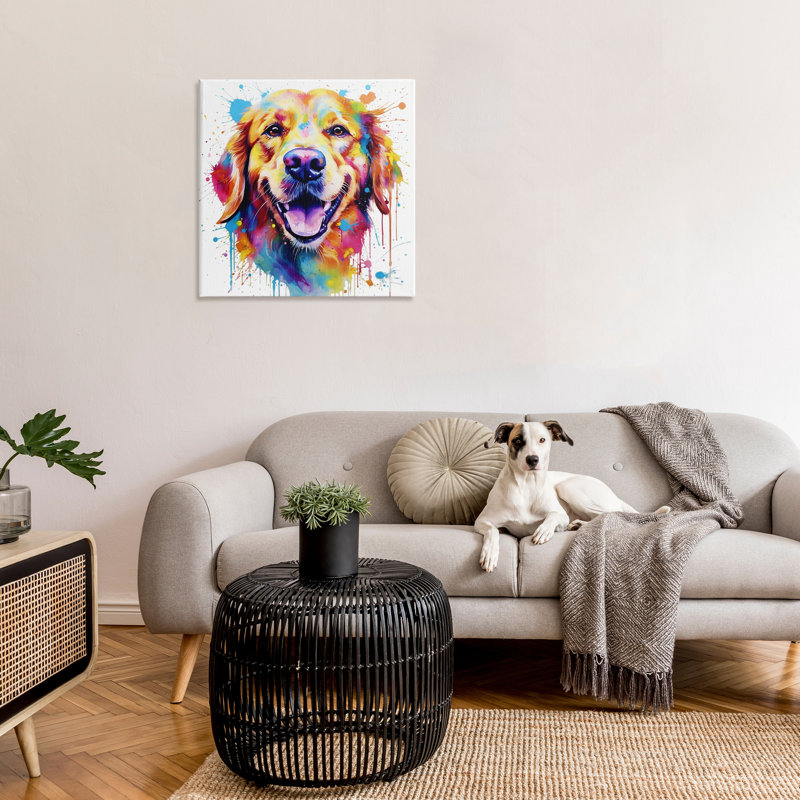 «Happy Dog Paint Drip» par Marybeth Cunningham, H 30 po x l 30 po x P 1,5 po
