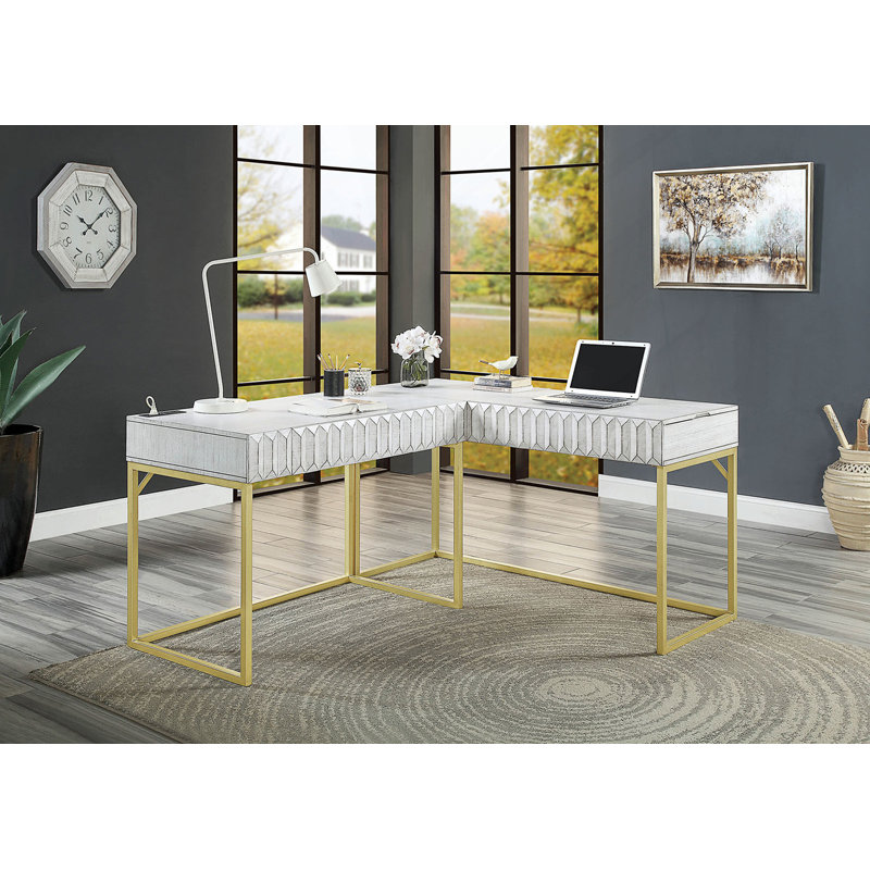 Bureau d'ordinateur transitionnel deux tons avec port USB et plateau relevable, Antique White/Gold