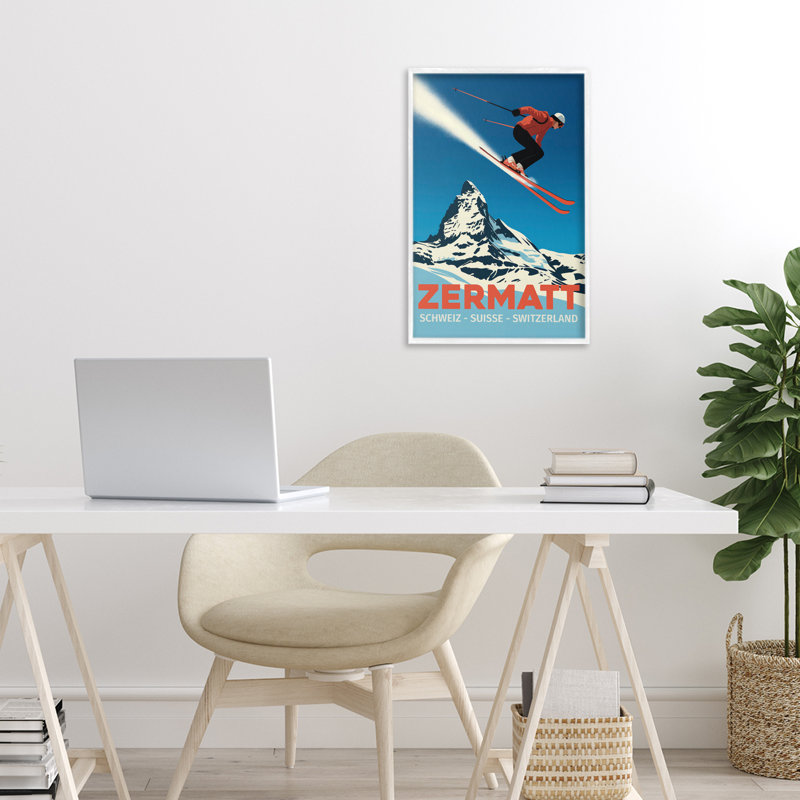 Affiche de ski Zermatt, giclée par Andreas Magnusson, Giclée encadrée blanc bord de mer, H 18 po x l 12 po